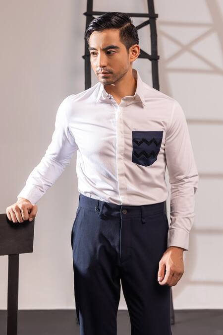 Seven_White Cotton Cut Work Crisp Chevron Placement Embroidered Shirt_Online_at_Aza_Fashions