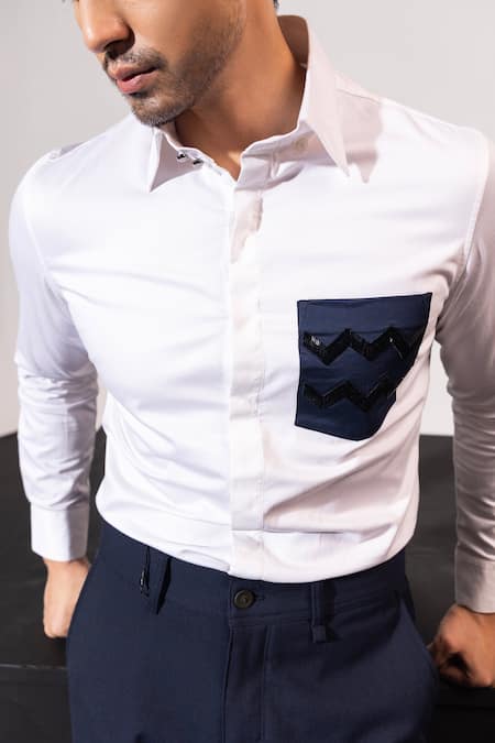 Shop_Seven_White Cotton Cut Work Crisp Chevron Placement Embroidered Shirt_Online_at_Aza_Fashions