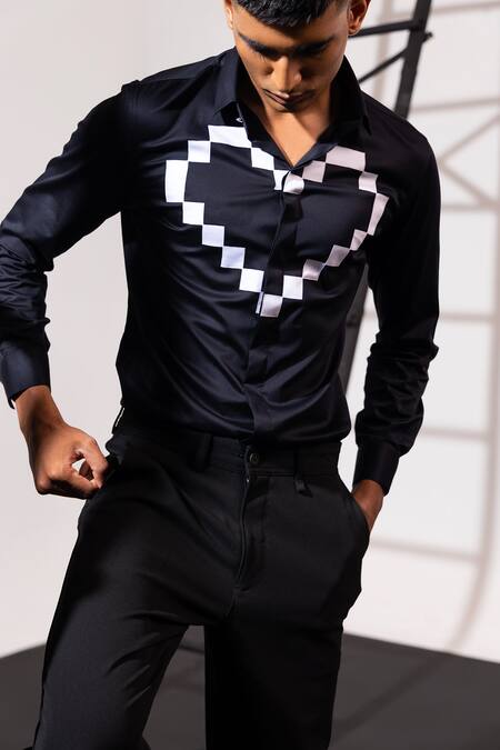 Shop_Seven_Black Cotton Embroidery Dichotomy Graphic Heart Shirt_Online_at_Aza_Fashions