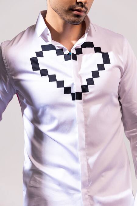 Seven_White Cotton Embroidery Dichotomy Graphic Heart Shirt_Online_at_Aza_Fashions