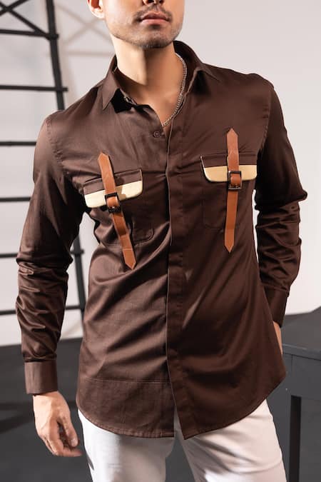 Seven_Brown Cotton Satin Dual Holster Plain Shirt_Online_at_Aza_Fashions