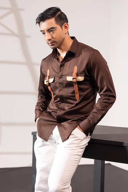 Shop_Seven_Brown Cotton Satin Dual Holster Plain Shirt_Online_at_Aza_Fashions