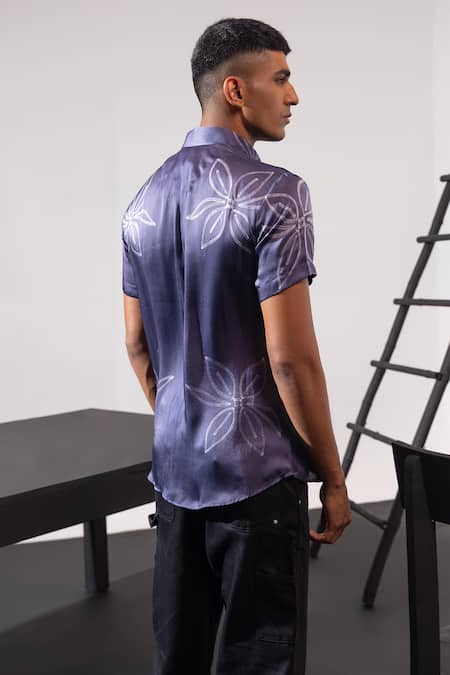 Shop Seven Blue Cotton Satin Embroidery Faded Flora Shirt at Aza Fashions Shop_Seven_Blue Cotton Satin Embroidery Faded Flora Shirt_at_Aza_Fashions