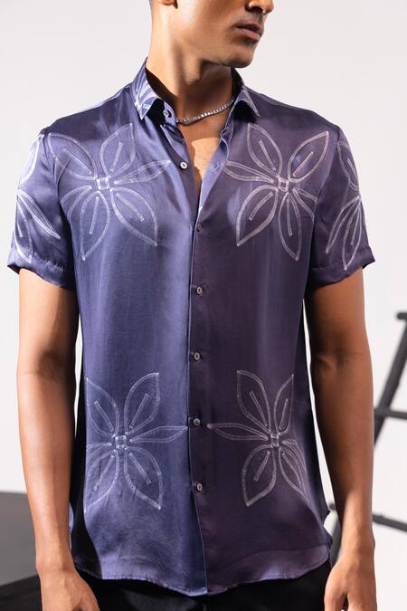 Seven Blue Cotton Satin Embroidery Faded Flora Shirt Online at Aza Fashions Seven_Blue Cotton Satin Embroidery Faded Flora Shirt_Online_at_Aza_Fashions
