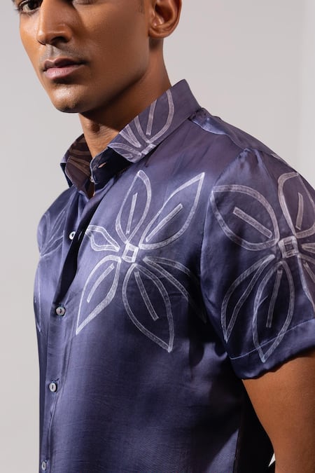 Buy Seven Blue Cotton Satin Embroidery Faded Flora Shirt Online at Aza Fashions Buy_Seven_Blue Cotton Satin Embroidery Faded Flora Shirt_Online_at_Aza_Fashions
