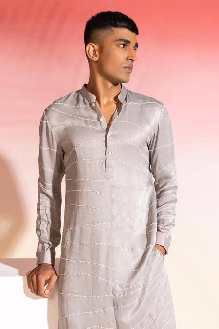Seven_Grey Cotton Embroidery Flow Stripe Kurta_Online_at_Aza_Fashions