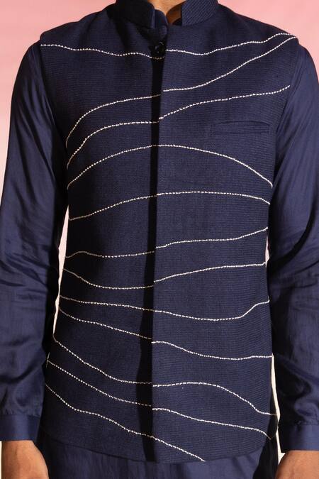 Buy_Seven_Blue Cotton Embroidery Nehru Jacket With Thread_Online_at_Aza_Fashions