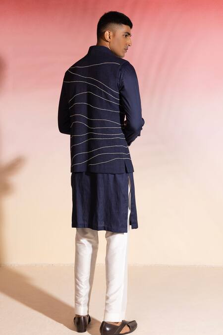 Shop Seven Blue Cotton Embroidery Thread Work Nehru Jacket And Kurta Set at Aza Fashions Shop_Seven_Blue Cotton Embroidery Thread Work Nehru Jacket And Kurta Set_at_Aza_Fashions