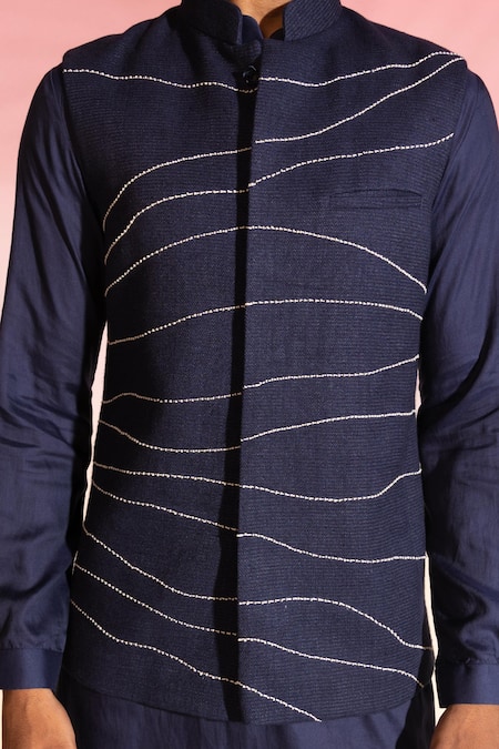 Buy Seven Blue Cotton Embroidery Thread Work Nehru Jacket And Kurta Set Online at Aza Fashions Buy_Seven_Blue Cotton Embroidery Thread Work Nehru Jacket And Kurta Set_Online_at_Aza_Fashions