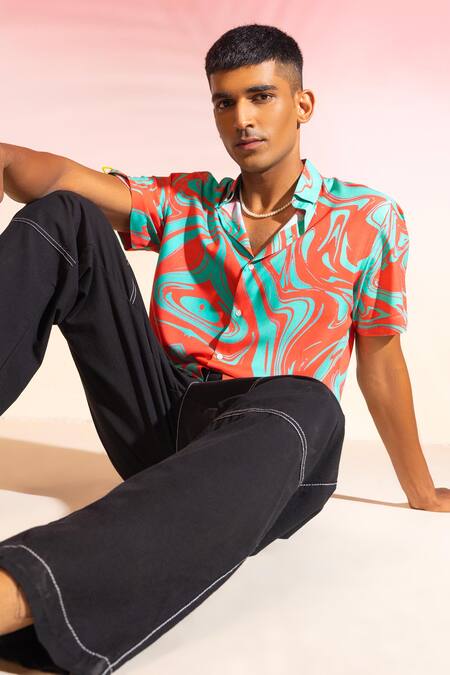 Seven_Multi Color Cotton Satin Flow Psych Abstract Print Shirt_at_Aza_Fashions