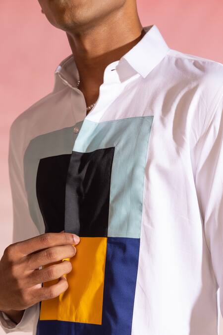 Seven_White Cotton Satin Fluroscent Panelled Shirt_Online_at_Aza_Fashions