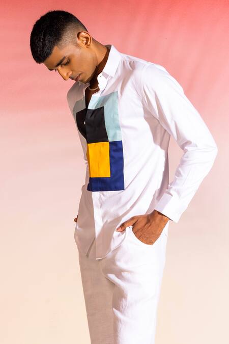 Buy_Seven_White Cotton Satin Fluroscent Panelled Shirt_Online_at_Aza_Fashions