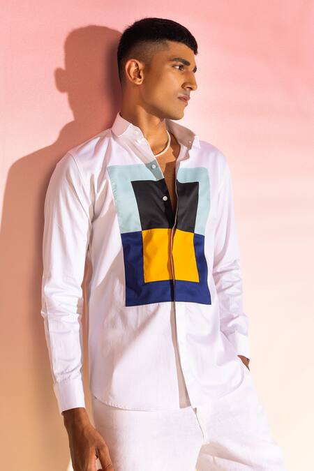 Shop_Seven_White Cotton Satin Fluroscent Panelled Shirt_Online_at_Aza_Fashions