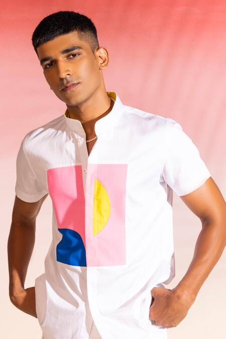 Seven_White Cotton Satin Graphic Patchwork Embroidered Shirt_Online_at_Aza_Fashions