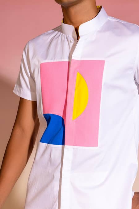 Buy_Seven_White Cotton Satin Graphic Patchwork Embroidered Shirt_Online_at_Aza_Fashions