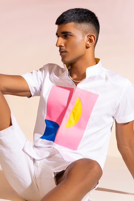 Shop_Seven_White Cotton Satin Graphic Patchwork Embroidered Shirt_Online_at_Aza_Fashions