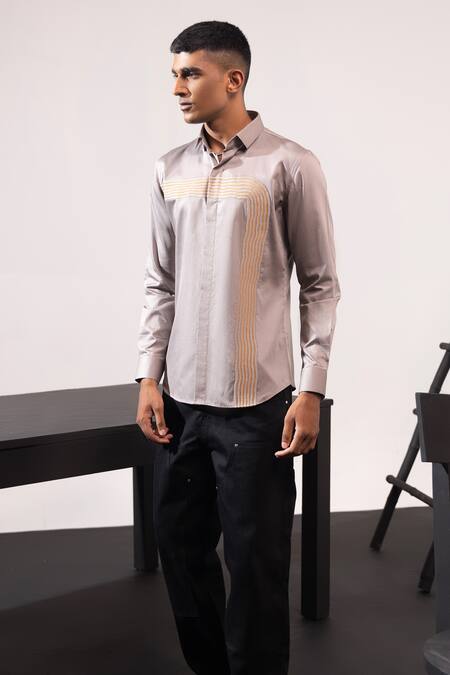 Shop Seven Multi Color Cotton Embroidery Stripe Patchwork Shirt at Aza Fashions Shop_Seven_Multi Color Cotton Embroidery Stripe Patchwork Shirt_at_Aza_Fashions