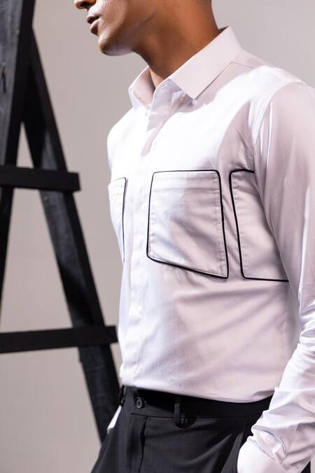 Seven_White Cotton Piping Isometric Pipe Work Shirt_Online_at_Aza_Fashions