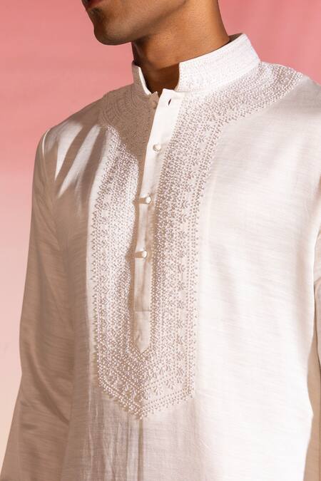 Seven_Off White Cotton Embroidery French Knots Kurta_Online_at_Aza_Fashions