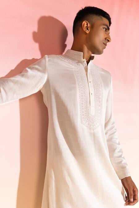 Shop_Seven_Off White Cotton Embroidery French Knots Kurta_Online_at_Aza_Fashions