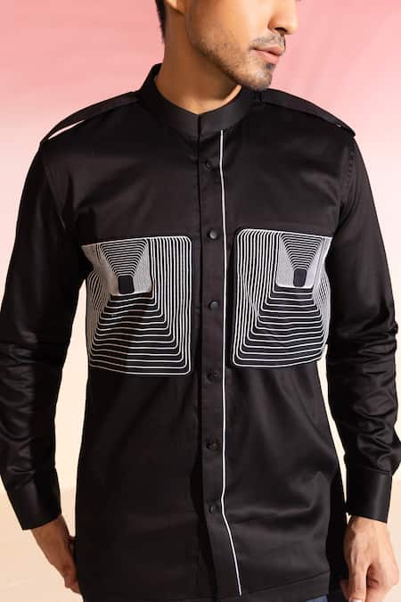 Seven_Black Cotton Satin Embroidery Kuro Concentric Print Shirt_Online_at_Aza_Fashions