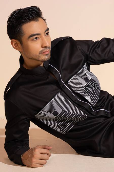 Buy_Seven_Black Cotton Satin Embroidery Kuro Concentric Print Shirt_Online_at_Aza_Fashions