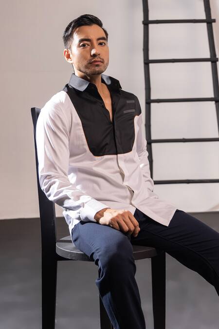 Seven_Black Cotton Piping And White Colorblock Shirt_Online_at_Aza_Fashions