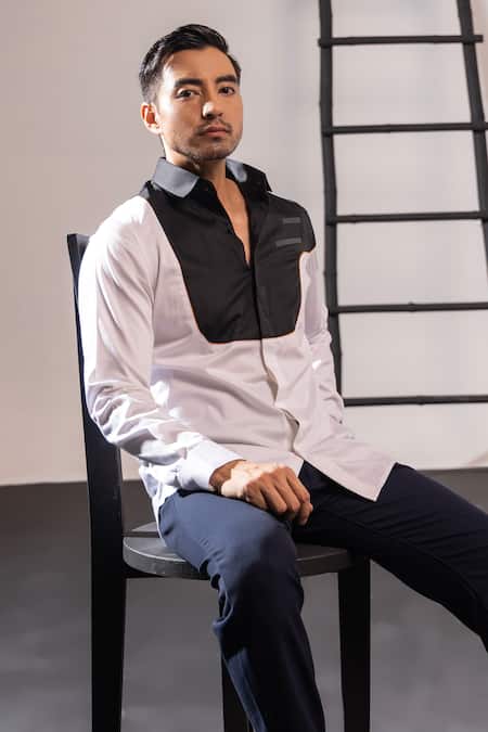 Buy_Seven_Black Cotton Piping And White Colorblock Shirt_Online_at_Aza_Fashions