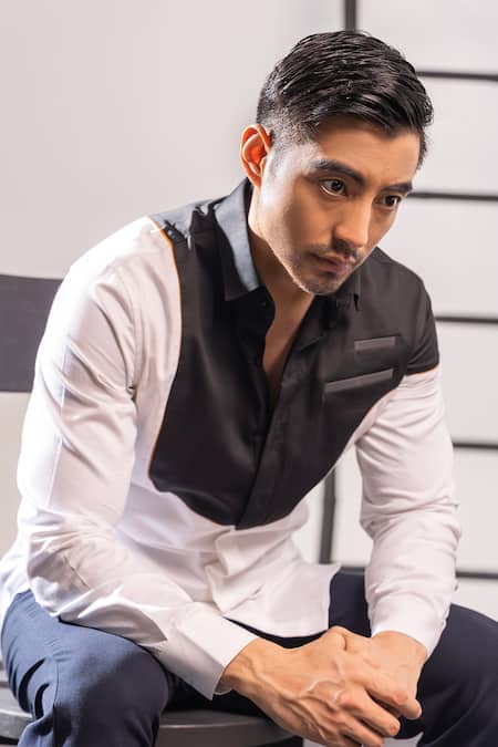 Seven_Black Cotton Piping And White Colorblock Shirt_at_Aza_Fashions