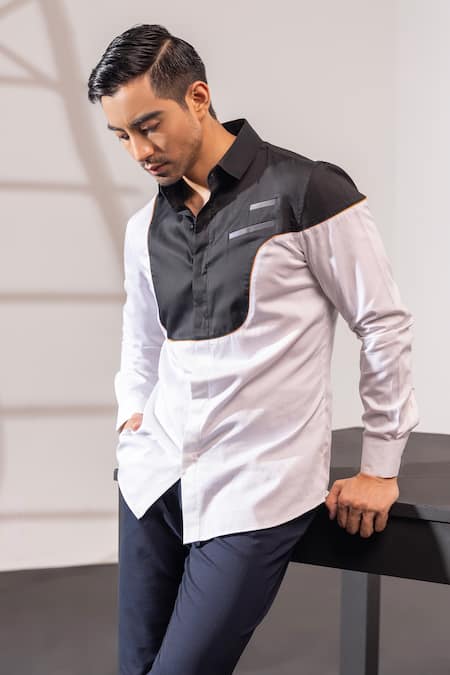 Buy_Seven_Black Cotton Piping And White Colorblock Shirt