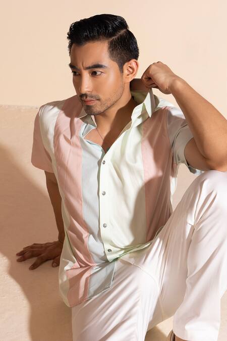 Shop_Seven_White Cotton Satin Bowling Colorblock Shirt_Online_at_Aza_Fashions