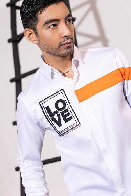 Shop Seven White Cotton Embroidery Love Patchwork Shirt Online at Aza Fashions Shop_Seven_White Cotton Embroidery Love Patchwork Shirt_Online_at_Aza_Fashions