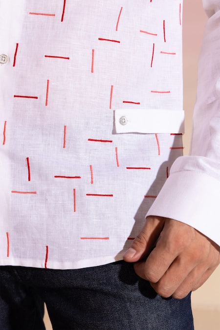 Seven_White Cotton Satin Embroidery Minimal Threadwork Shirt_Online_at_Aza_Fashions