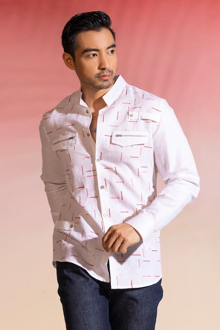 Buy_Seven_White Cotton Satin Embroidery Minimal Threadwork Shirt_Online_at_Aza_Fashions