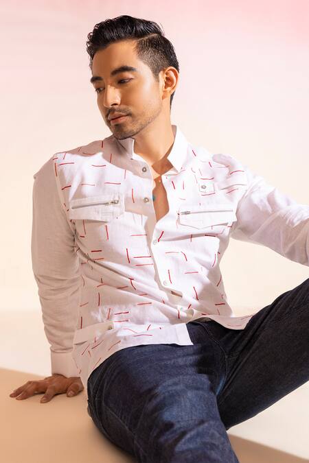 Shop_Seven_White Cotton Satin Embroidery Minimal Threadwork Shirt_Online_at_Aza_Fashions