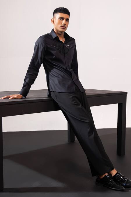 Shop Seven Blue Cotton Cut Work Monarch Embroidered Shirt at Aza Fashions Shop_Seven_Blue Cotton Cut Work Monarch Embroidered Shirt_at_Aza_Fashions