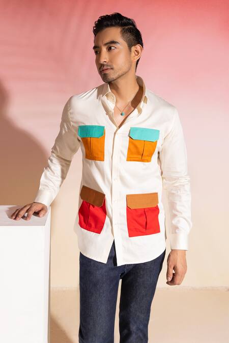 Shop_Seven_Ivory Cotton Sateen Plain Safari Full Sleeve Shirt _at_Aza_Fashions