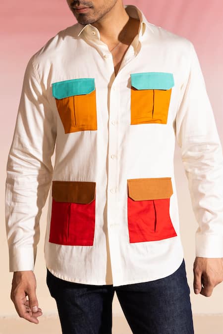 Seven_Ivory Cotton Sateen Plain Safari Full Sleeve Shirt _Online_at_Aza_Fashions