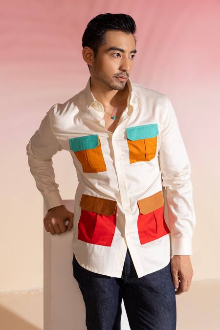 Shop_Seven_Ivory Cotton Sateen Plain Safari Full Sleeve Shirt _Online_at_Aza_Fashions
