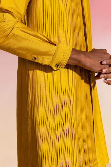 Seven_Yellow Cotton, Viscose Pleated Mustard Bundi And Kurta Set_Online_at_Aza_Fashions