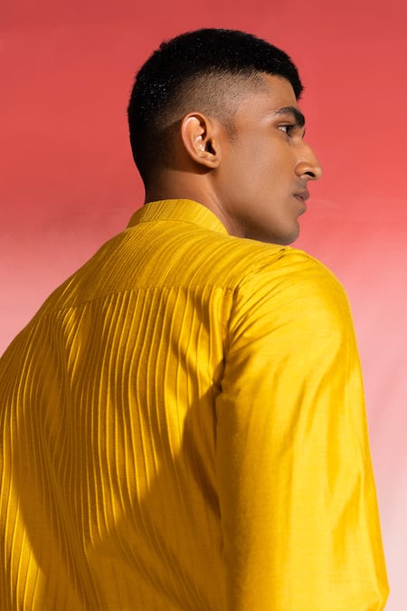 Buy_Seven_Yellow Cotton, Viscose Pleated Mustard Bundi And Kurta Set_Online_at_Aza_Fashions
