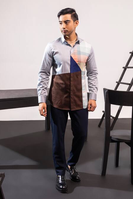 Shop Seven Multi Color Cotton Embroidery Neo Colorblock Shirt at Aza Fashions Shop_Seven_Multi Color Cotton Embroidery Neo Colorblock Shirt_at_Aza_Fashions