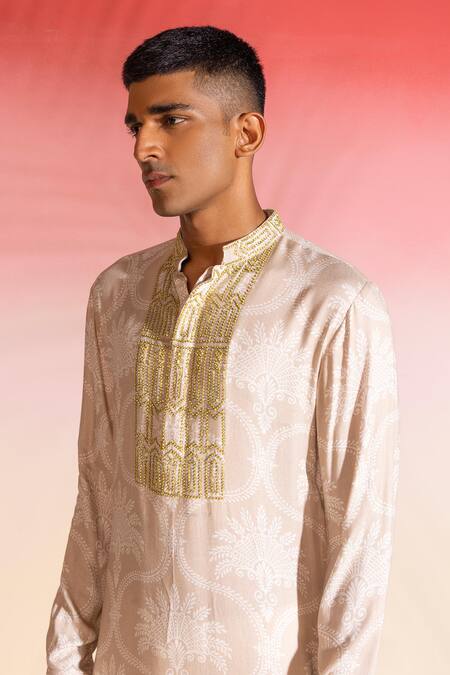 Buy_Seven_Beige Cotton Viscose Printed Mughal Neo Kurta _Online_at_Aza_Fashions