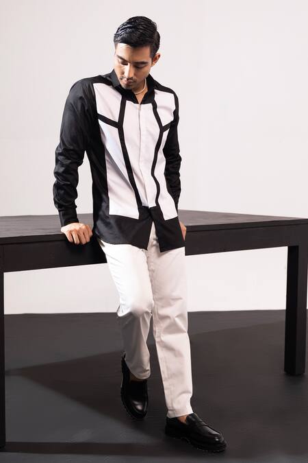 Shop Seven Black Cotton Embroidery Noir Blanc Geometric Patchwork Shirt at Aza Fashions Shop_Seven_Black Cotton Embroidery Noir Blanc Geometric Patchwork Shirt_at_Aza_Fashions