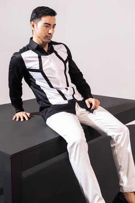 Seven Black Cotton Embroidery Noir Blanc Geometric Patchwork Shirt Online at Aza Fashions Seven_Black Cotton Embroidery Noir Blanc Geometric Patchwork Shirt_Online_at_Aza_Fashions