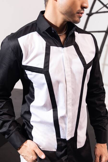 Buy Seven Black Cotton Embroidery Noir Blanc Geometric Patchwork Shirt Online at Aza Fashions Buy_Seven_Black Cotton Embroidery Noir Blanc Geometric Patchwork Shirt_Online_at_Aza_Fashions