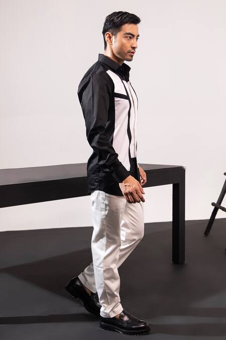 Shop Seven Black Cotton Embroidery Noir Blanc Geometric Patchwork Shirt Online at Aza Fashions Shop_Seven_Black Cotton Embroidery Noir Blanc Geometric Patchwork Shirt_Online_at_Aza_Fashions