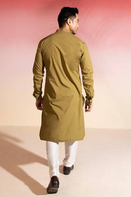 Shop_Seven_Beige Cotton Satin Cut Work Olea Cutdana Placement Embroidered Kurta_at_Aza_Fashions