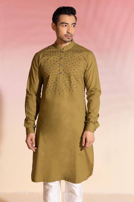 Seven_Beige Cotton Satin Cut Work Olea Cutdana Placement Embroidered Kurta_Online_at_Aza_Fashions