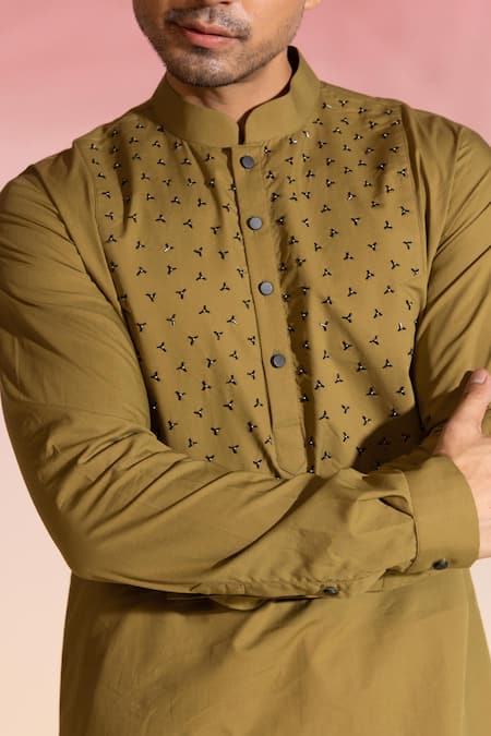 Buy_Seven_Beige Cotton Satin Cut Work Olea Cutdana Placement Embroidered Kurta_Online_at_Aza_Fashions